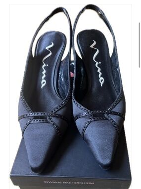 Nina Black Satin Pointed Slingback Mules with Crystal Trim